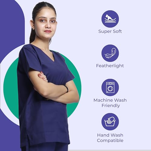 Image of Medical Scrub Suit For Women - Navy Blue (Small) | Poly Viscose Fabric | Ultimate Comfort and Breathability | Elasticated Waist | Multiple Pockets | V-Neck