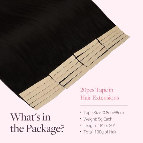 Image of GOO GOO Tape In Weft Hair Extensions Human Hair, 1 Jet Black, 8cm Wide Tape, 20inch 20pcs 100g, Tape Weft Hair Extensions, Seamless Tape in