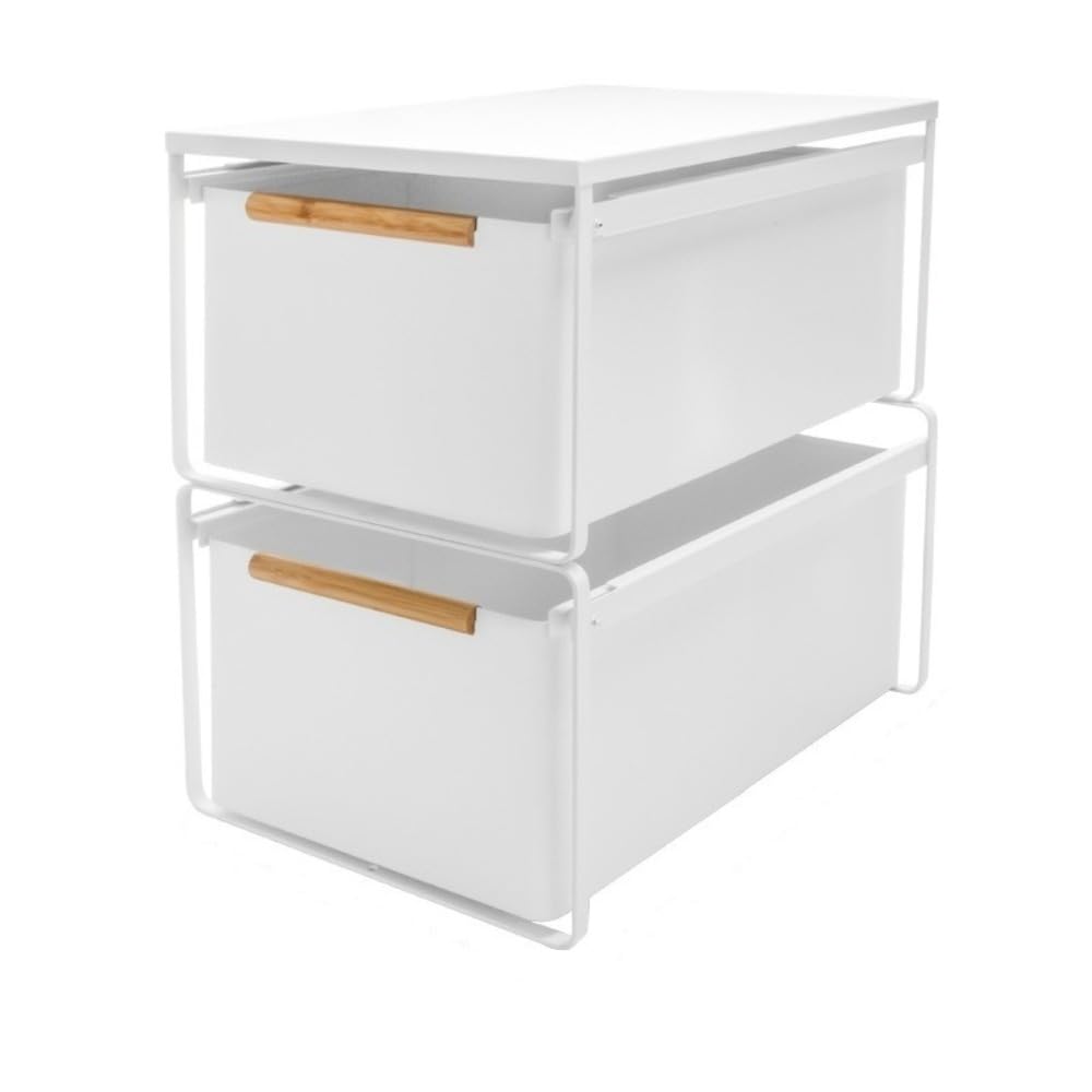 Lirhiqygf Narrow 2-Layer [Height + Height + Cover] White Stackable Closet Organizer Drawer, Pull-Out Storage Basket With Wood Handle, Carbon Steel Wardrobe Bin (Narrow 2-Layer [Height + Height + Cover] White)
