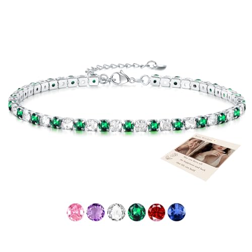 Ankle Bracelet for Women, Adjustable Slider Anklet Sparkling Cubic Zirconia Summer Ankle Chain Anniversary Birthday Graduation Jewelry Gift for Women Men with Gift Card & Box, Green Stone