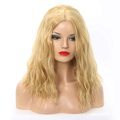 14" Short Bob Wavy Wig Natural Blonde Wig for Women Medium Length Heat Resistance Synthetic Fiber Wig for Cosplay (14” Blonde)