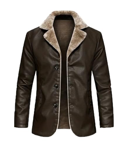 INVACHI Leather Jacket Men Faux Leather Fur Collar Mid-Length Jacket Padded Lining Winter Warm Lapel Trench Coat2