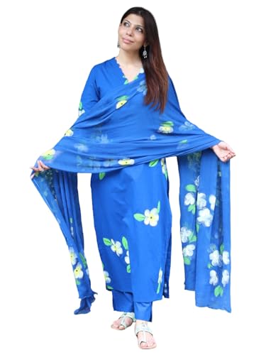 Image of GoSriKi Kurta Sets for Women Viscose Printed | Kurta Pant Dupatta Set | Straight Kurti Set for Women | N Neck Scalloped Kurta | 3 /4 Sleeve Ethnic Suit Set for Girls | Designer Indian Kurti