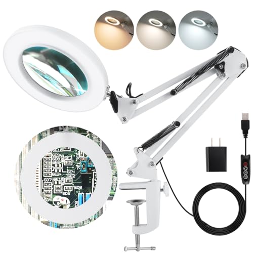 LANCOSC 5X Magnifying Glass with Light and Stand, 3 Color Modes Stepless Dimmable, 8-Diopter Glass Lens, Adjustable Swivel Arm, LED Magnifier Desk Lamp for Close Work, Repair, Crafts, Reading - White