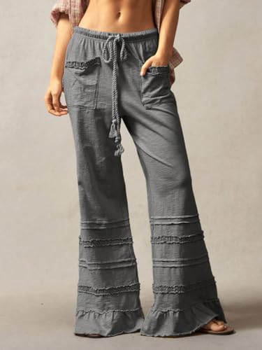 Ruffle Pants Women Wide Leg Flare Drawstring Elastic High Waisted Baggy Trousers Solid Palazzo Pants with Pockets3