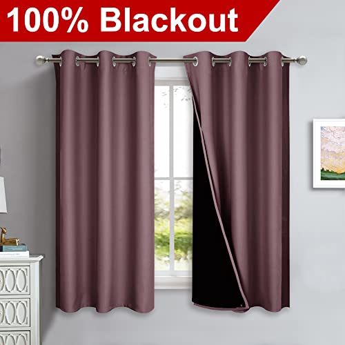 Image of NICETOWN 100% Blackout Short Curtains with Black Liners, 2 Panels, 37 inch W by 40 inch L, Dry Rose, Solid Thermal Insulated Full Blackout 2-Layer Lined Drapes, Energy Efficiency Window Draperies for Bedroom