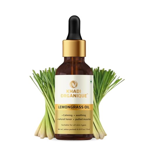 Image of Khadi Organique Lemongrass Essential Oil for Skin, Hair & Body | Pure & Natural Aromatherapy Oil for Acne, Pimples, Stress & Muscle Pain Relief | Refreshing & Moisturizing Massage Oil - 15 ml