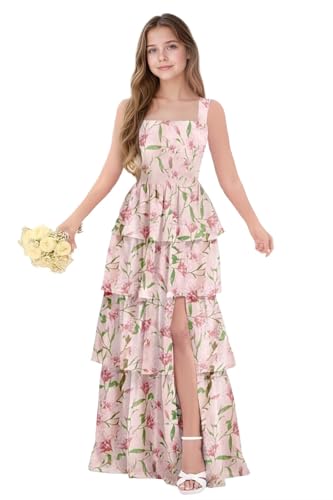 dideyttawl Junior Bridesmaid Dress Spaghetti Strap Square Neck Layered Chiffon A-Line Flower Girl Dress with Slit 25093