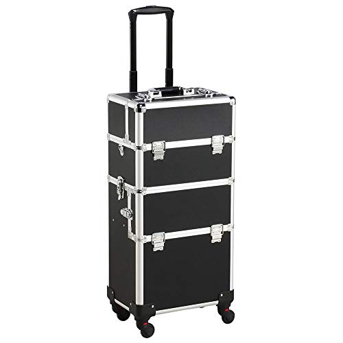 Yaheetech 3 in 1 Makeup Case Aluminum Rolling Train Case Large Cosmetic Organizer Makeup Trolley Wheels Nail Technician Lock Black