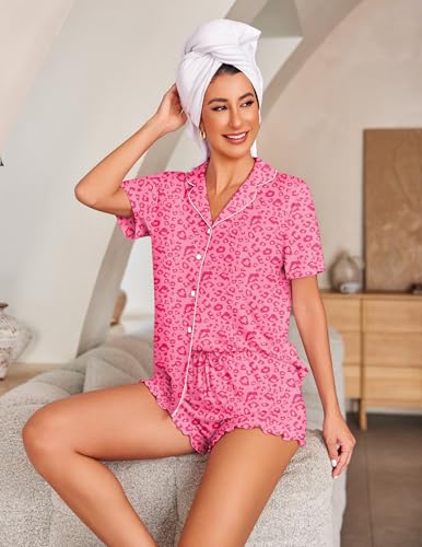 Image of Ekouaer Womens Pajama Sets Button Down Short Sleeve Top and Shorts Cute Ruffled Pjs Sets Sleepwear