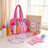 BABESIDE Baby Doll Accessories, 10 Pcs Disappearing Doll Feeding Set for Toy Stroller, Baby Care Pretend Play Kit with Magic Bottles, Pacifiers, Bib, Diaper & Carry Bag for 12–15 Inch Dolls