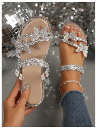 Image of OYOANGLE Women's Silver Rhinestone Sandals Sparkly Dressy Flat Sandals