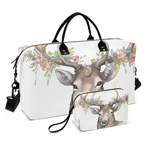 Large Travel Duffel Bag, Elk Watercolor Floral Sport Tote Gym Bag, Shoulder Weekender Overnight Bag for Women Men, Carry On Luggage with Toiletry Bag