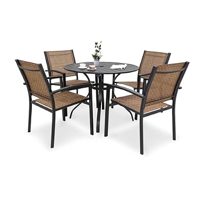 LEVELEVE 5 Piece Patio Dining Set,Outdoor Furniture 4 Textilene Chairs & 1 Round 38"x 38" Metal Slatted Table with 1.5" Umbrella Hole,Outside Porch Deck Balcony Backyard Set for 4(Brown)