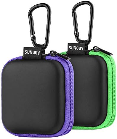 Sunguy 2-Pack Earbuds Case, Portable Small Earbud Carrying Case Storage Bag with Carabiner Clip for Earphones, Earpieces, SD Memory Card, Camera Chips - Green+Purple