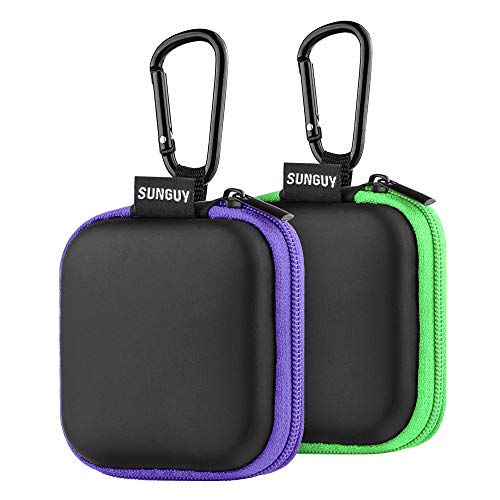 Earbud Case, SUNGUY?2Pack, Green+ Purple? Portable Square Earphone Carrying Cases with Carabiner Loop for AirPods, Hearing Aids, USB Charging Cord, USB Flash Drive.