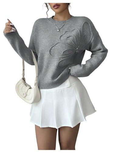 Image of RoseSeek Women's 3D Floral Appliques Crewneck Sweaters Long Sleeve Drop Shoulder Pullovers Elegant Knit Tops