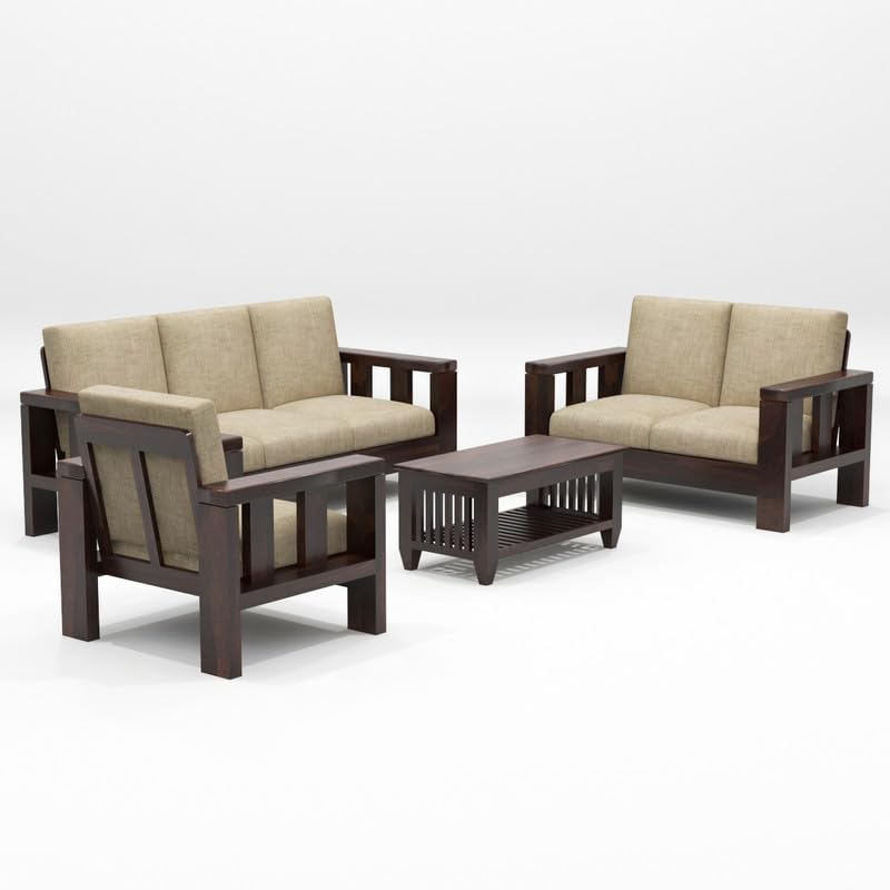 Image of Solid Sheesham Wooden 5- to 6-Person Sofa Set for Living Room Furniture, 3+2+1 Sofa Set - Walnut Finish