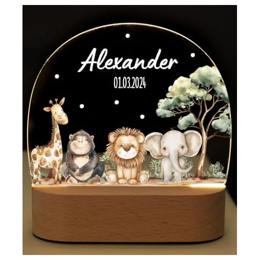 Bärenfreunde® - Personalisiertes Nachtlicht für Babys - Individuelle Nachttischlampe für Kinder - Personalisierte Geschenke Kinder - Babygeschenk - Geschenk zur Geburt (Safari Tiere)