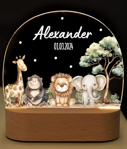 Bärenfreunde - Personalisiertes Nachtlicht für Babys - Individuelle Nachttischlampe für Kinder - Personalisierte Geschenke Kinder - Babygeschenk - Geschenk zur Geburt (Safari Tiere)