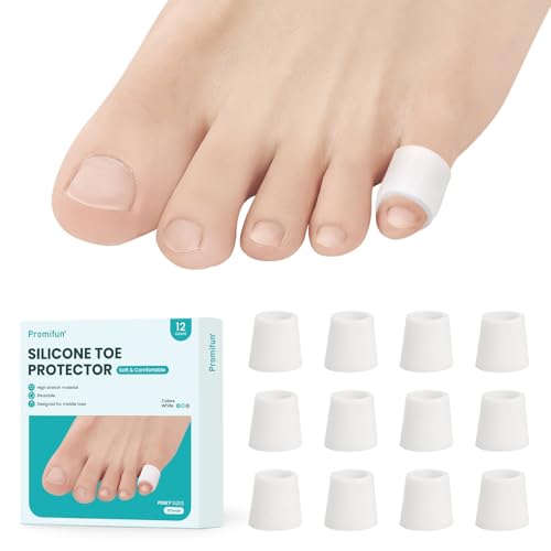 Image of Promifun Silicone Toe Protectors - 12 Pack Silicone Toe Sleeve for Hammer Toes, Corns, Calluses, Blisters - Soft Gel Toe Tube Pads for Pain Relief(Small Sizes, White)