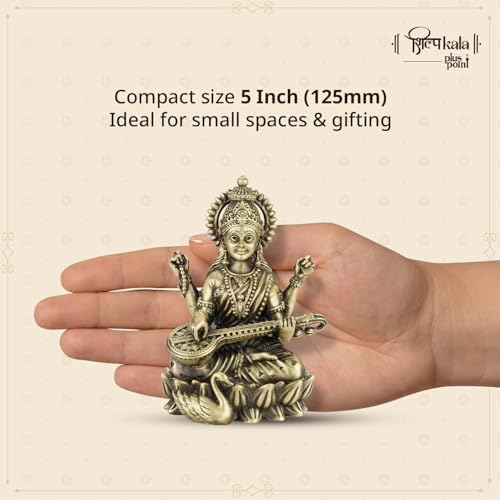 Image of 5 Inch Kamal Saraswati Brass Idol with Veena for Study Table, Learning & Gift
