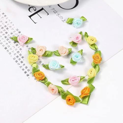 100Pcs Mini Ribbon Rose Flower Ornament, Cute Satin Fabric Rose Buds with Leaves, Mixed Color Roses Sewing Appliques Trim and Embellishments for Jacket Skirt Decor Trim & Embellishments(Multicolor)