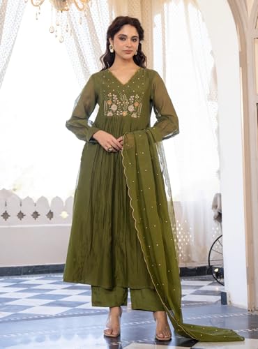 Image of Nermosa Women Embroidery Solid Anarkali Kurta and Pant Set with Dupatta