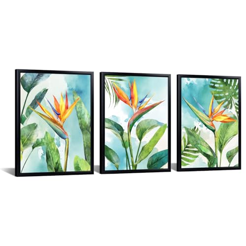 KREATIVE ARTS 3 Piece Bird of Paradise Watercolor Canvas Wall Art Tropical Flowers Coastal Beachy Décor Black Frame for Living Room Bedroom Home Office Wall Decoration Ready to Hang Each Size 12x16''