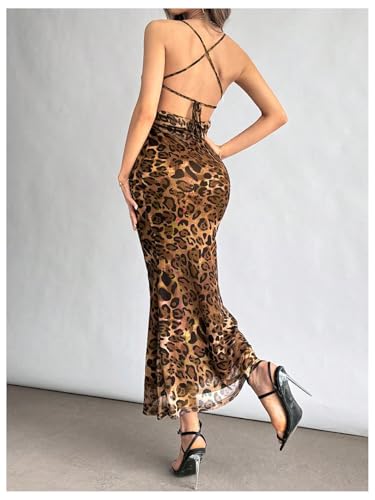 Image of Floerns Women's Leopard Draped Halter Neck Dress Criss Cross Tie Back Party Midi Dress
