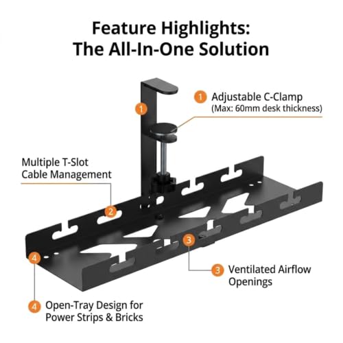 Image of Herrlich Homes Under Desk Cable Management Tray | No Drill Clamp-On Wire Organizer | Height Adjustable Metal Power Strip Holder | Black | 40 cm
