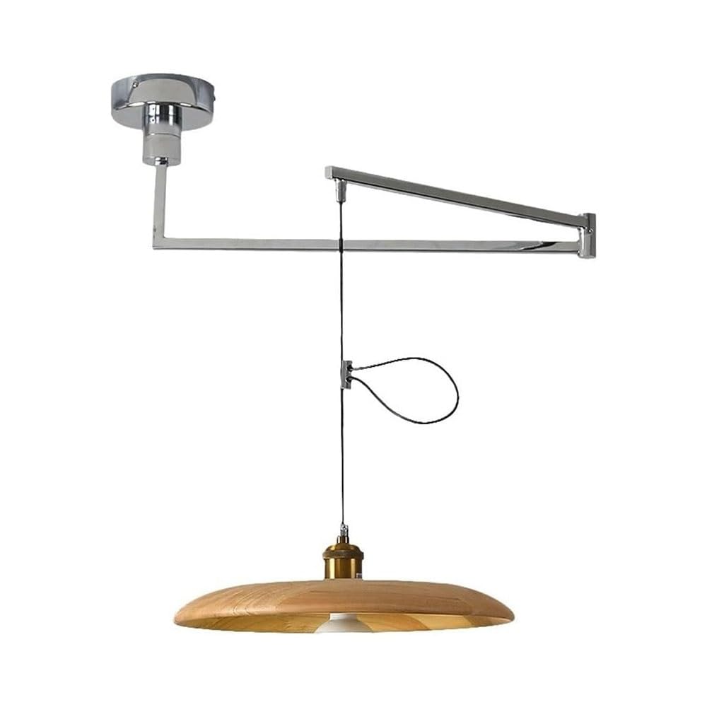 FEITENGDA Mid Century Swing Arm Pendant Light Vintage Minimalist Long Dome Wood Chandelier Brown Round Adjustable Ceiling Light Fixture Kitchen Island Study Room Living Room