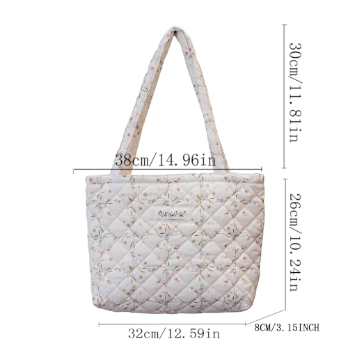 Image of Floral Quilted Cotton Shoulder Bag for Women Daily Use Medium Size Handbag Large Capacity Thickened Design Tote