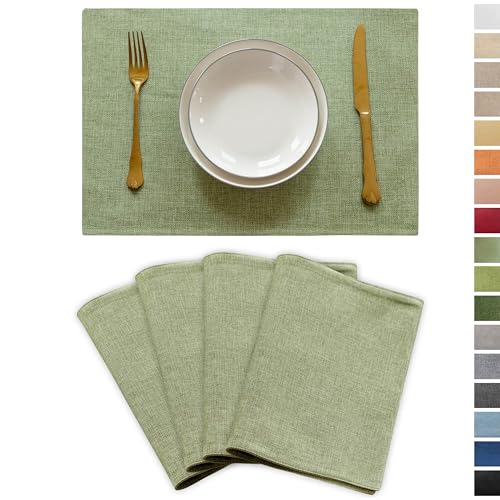Demetex Green Placemat Set of 4 Washable Linen Textured Place Mats for Dinner Heat Resistant Sage Cloth Placemats Scratch Resistant Plate Mats for Dining Table Kitchen Spring, Green