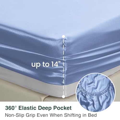 Love's cabin Satin Queen Sheets Set - 4 Piece Sky Blue Silky Bed Sheets with Deep Pocket, Luxury Silk Feel Satin Queen Size Sheet Set (1 Flat Sheet,1 Fitted Sheet,2 Pillow Cases)