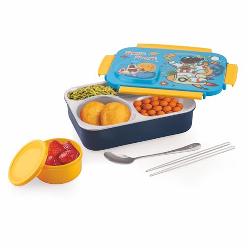 Image of ATTRO School Bite Stainless Steel Lunch Box - 3 Compartment Bento Tiffin, Leak-Proof & Durable, Ideal for Kids, School, Picnic- 750ml+150ml, Blue- Space Theme