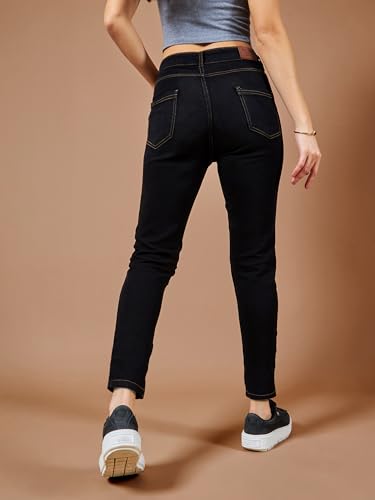 Image of Miss Chase Women's Skinny High Rise Cropped Fringed Hemline Detailing Stretchable Denim Jeans