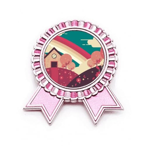 Broche rose en métal avec peinture paysage de maison dessin animé taille M