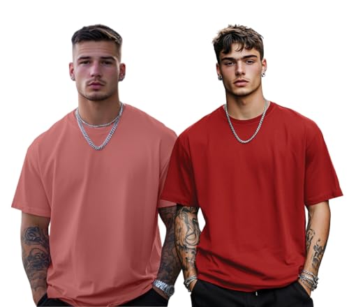 Image of Veirdo Solid Oversized 100% Pure Cotton Combo T-Shirt for Men & Boys (Half Sleeves, Round Neck, Drop Shoulder, Baggy Fit, Pack of 2, Available in S to 2XL