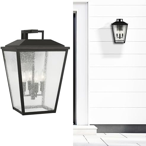 Scott Living 4-Light Kennewick Transitional Outdoor Wall Lantern in Textured Black Finish with Clear Seeded Shade DJO1084TXB, Outdoor Light Fixture for Front Porch Decor and Wall Lights