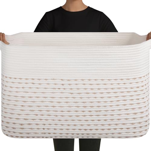 Image of OIAHOMY 108L Extra Large Blanket Basket, 25 inchx16 inchx16 inch Rectangle Woven Cotton Rope Baskets for Living Room, Toy Storage with Handle- Light Yellow & White