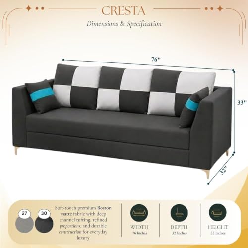 Image of FURNY Signature Cresta 3 Seater Sofa Set | Boston Fabric | 40D Foam + Zigzag Spring | 3-Yr Warranty (Ash Grey - Light Grey)| Modern Living Luxury Sofa Set for Home, Office & Hotel Spaces