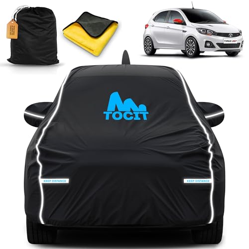 Image of Tiago Waterproof Long Life Car Cover with Safety Glow Reflective Strap, Premium Stretchable Velvet Velour Fabric, Machine Washable, Tri-Stitch Custom Fit with Mirror & Antenna Pocket