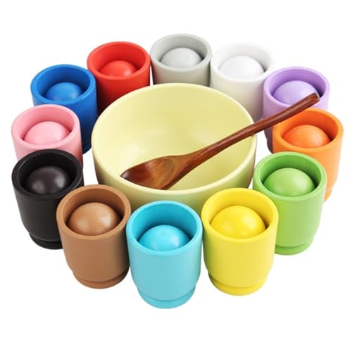Juego de motricidad infantil con vasos de colores y bolas de madera didácticas