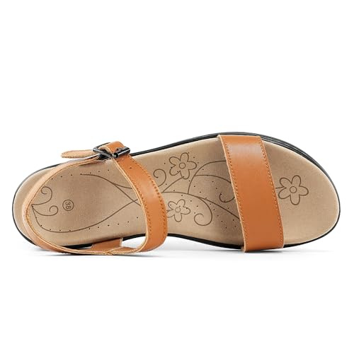 Image of Women's Classic Flat Sandals Leather Open Toes Memory Foam One Band Ankle Strap Adjustable Slip On Shoes