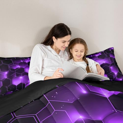 Image of Feelyou Geometrics Honeycomb Comforter Set King Size, Purple Black Beehive Hexagon Comforter for Kids Toddler Geometrical Bedding Set Hexagonal Geometrical Duvet Set Durable Quilt Set King Size