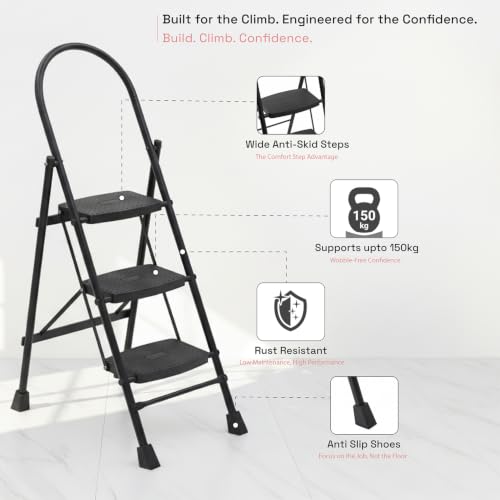Image of Wakefit Premium 3 Step Foldable Ladder | Strong Alloy Steel | Wide Anti-Skid Steps | Supports Up to 150 kg | Rust Resistant | Heavy Duty Portable Ladder - Ascenta Black