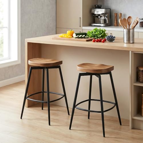 Image of 25'' Backless Swivel Counter Height Bar Stools Set of 2, Solid Wood Saddle Stools with Metal Legs, Modern Wooden Bar Stools for Kitchen Island, Walnut