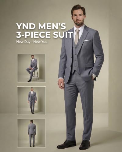 Image of YND Men's 3 Piece Suit with Tie, Solid Color Slim Fit Jacket Vest and Pants