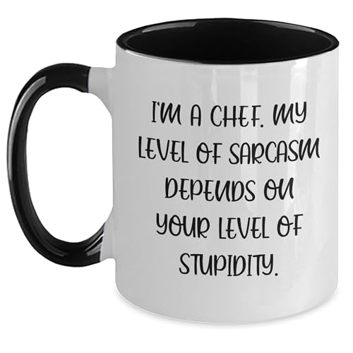 Funny Chef Gifts, Sarcasm Level Dependent on Your Stupidity, Two Tone Coffee Mug for Xmas, Gifts from Friends for Chefs, Chef Gifts for Him or Her (150-200 characters in total)